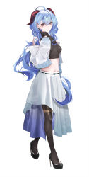Rule 34 | 1girl, absurdres, ahoge, alternate costume, alternate hairstyle, black gloves, black pantyhose, blue hair, commentary request, contemporary, finger to cheek, full body, ganyu (genshin impact), genshin impact, gloves, hair between eyes, hair ornament, hairclip, half gloves, high heels, highres, horns, index finger raised, long hair, long sleeves, looking at viewer, navel, off shoulder, orange eyes, pantyhose, sidelocks, simple background, skirt, smile, solo, stomach, suzu (user kdex8732), sweater, walking, white background, white skirt