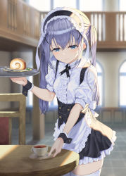 Rule 34 | 1girl, animal ears, apron, black hairband, black skirt, blouse, blue eyes, blue hair, blurry, blurry background, cake, center frills, closed mouth, commentary request, cup, depth of field, dosu (yodosu), fake animal ears, fleur de lapin uniform, floppy ears, food, fork, frilled apron, frilled hairband, frilled shirt, frilled skirt, frills, gochuumon wa usagi desu ka?, hair between eyes, hair ornament, hairband, highres, holding, holding tray, indoors, kafuu chino, long hair, pleated skirt, puffy short sleeves, puffy sleeves, rabbit ears, saucer, shirt, short sleeves, skirt, solo, swiss roll, thighhighs, tray, twintails, uniform, very long hair, waist apron, waitress, white apron, white shirt, white thighhighs, window, x hair ornament
