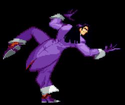 Rule 34 | animated, animated gif, black hair, fighting stance, gloves, idle animation, leg up, long hair, lowres, martial masters, pixel art, purple gloves, purple suit, scorpion (martial masters), suit, tailcoat
