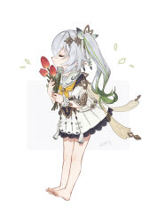 Rule 34 | 1girl, barefoot, black dress, child, closed eyes, collarbone, dress, feet, female focus, flower, from side, full body, genshin impact, green hair, hair between eyes, hair ornament, highres, holding, holding flower, legs, long hair, multicolored clothes, multicolored dress, multicolored hair, nahida (genshin impact), no footwear, no legwear, no shoes, no socks, plaid, plaid skirt, pointy ears, sacanahen, scrunchie, short sleeves, side ponytail, simple background, skirt, smell, smelling, smelling flower, smile, solo, standing, toes, white background, white dress, white hair, wrist scrunchie