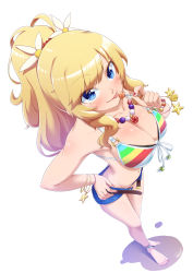 Rule 34 | 1girl, absurdres, anklet, ass, bangle, belt, bikini, blonde hair, blue eyes, blush, bracelet, breasts, candy, chanakim, cleavage, collarbone, denim, denim shorts, flower, food, foreshortening, front-tie bikini top, front-tie top, full body, hair flower, hair ornament, hand on own hip, highres, idolmaster, idolmaster cinderella girls, idolmaster cinderella girls starlight stage, jewelry, leaning forward, lollipop, looking at viewer, looking up, medium breasts, multicolored bikini, multicolored clothes, nail polish, navel, necklace, o-ring, o-ring top, ohtsuki yui, open belt, ponytail, rainbow bikini, red nails, short shorts, shorts, simple background, solo, star (symbol), strap gap, string bikini, swimsuit, thighs, toenail polish, toenails, tongue, tongue out, unbuckled, unzipped, white background