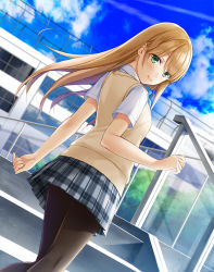 Rule 34 | 1girl, black pantyhose, blonde hair, blue sky, blush, building, cloud, contrail, day, dutch angle, floating hair, from behind, green eyes, lips, long hair, looking at viewer, looking back, nayuta69, original, outdoors, pantyhose, plaid, plaid skirt, pleated skirt, railing, school, school uniform, shirt, short sleeves, skirt, sky, solo, stairs, standing, sweater vest, white shirt, wind