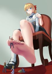 Rule 34 | 1girl, aoigai, barefoot, between toes, black footwear, black skirt, blonde hair, blue eyes, bobby socks, center frills, commentary request, dress, feet, foot focus, holding with feet, frills, hair ribbon, highres, holding, holding clothes, holding legwear, hood, mary janes, mini person, miniboy, multiple boys, original, pants, parted lips, puffy short sleeves, puffy sleeves, red ribbon, ribbon, shirt, shoes, short sleeves, sidelocks, single shoe, sitting, size difference, skirt, socks, white shirt