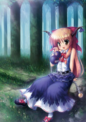 Rule 34 | 1girl, belt, bow, chain, fang, female focus, flower, forest, gourd, hair bow, highres, horns, ibuki suika, log, long hair, nature, open mouth, orange hair, rock, sitting, sitting on object, sitting on rock, smile, solo, takeponi, touhou, tree, wrist cuffs, yellow eyes