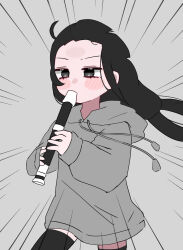 Rule 34 | 1girl, ahoge, black eyes, black hair, black thighhighs, blush stickers, flute, forehead, grey background, grey hoodie, highres, holding, holding flute, holding instrument, hood, hood down, hoodie, instrument, kyoufuu all back (vocaloid), lag train (vocaloid), long hair, low twintails, music, osage (nukunuku nigirimeshi), playing instrument, pose imitation, recorder, riima, simple background, solo, speed lines, thighhighs, twintails, wind