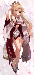 Rule 34 | 1girl, animal ears, bare legs, bare shoulders, blonde hair, blush, breasts, closed mouth, cosplay, detached sleeves, eyepatch, fischl (genshin impact), floral print, fox shadow puppet, full body, genshin impact, green eyes, hair ornament, hair over one eye, hand up, highres, long hair, looking at viewer, low-tied long hair, medium breasts, revision, sandals, shirt, sideboob, smile, solo, torriet, very long hair, white shirt, yae miko, yae miko (cosplay)