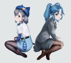 Rule 34 | 2girls, aged down, alternate costume, beleven, beret, black pantyhose, blue bow, blue bowtie, blue eyes, blue hair, blue hat, blue skirt, blue sleeves, blush, bow, bowtie, coat, collared shirt, detached sleeves, feet, green eyes, grey coat, grey hair, grey skirt, hair bow, hat, high-waist skirt, highres, hikari (kemono friends), kako (kemono friends), kemono friends, kemono friends 3, legs, long sleeves, looking at viewer, looking back, multiple girls, no shoes, pantyhose, pleated skirt, school uniform, shirt, short hair, short sleeves, short twintails, sidelocks, sitting, skirt, soles, solo, toes, twintails, wariza, white bow, white shirt, yokozuwari