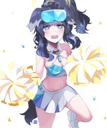 Rule 34 | 160mp, 1girl, absurdres, bare shoulders, black hair, blue archive, blue eyes, commentary request, crop top, goggles, goggles on head, hibiki (blue archive), hibiki (cheer squad) (blue archive), highres, long hair, looking at viewer, midriff, millennium cheerleader outfit (blue archive), miniskirt, navel, open mouth, pleated skirt, simple background, skirt, solo, stomach, thighs, white background, white skirt