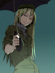 Rule 34 | 1boy, androgynous, blonde hair, character request, dien bien phu (manga), ha.skr (hasukara), long hair, looking at viewer, male focus, military, military uniform, outstretched arm, smile, solo, tim lawrence, umbrella, uniform