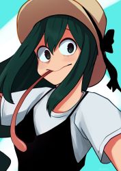 Rule 34 | 10s, 1girl, artist name, asui tsuyu, black ribbon, black tank top, blouse, boku no hero academia, breasts, chuuwis, commentary, female focus, frog girl, green eyes, green hair, hat, hat ribbon, highres, long tongue, looking at viewer, medium breasts, outstretched arms, ribbon, shirt, short sleeves, solo, straw hat, sun hat, tagme, tank top, tongue, tongue out, upper body, white shirt, white shirt