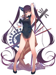 Rule 34 | 1girl, absurdly long hair, absurdres, arm up, armpits, bare shoulders, black dress, blue eyes, blunt bangs, blush, breasts, china dress, chinese clothes, cleavage, dean (momodean), dress, fate/grand order, fate (series), flute, full body, highres, instrument, large breasts, legs, long hair, looking at viewer, pipa (instrument), purple hair, simple background, smile, solo, twintails, very long hair, white background, yang guifei (fate), yang guifei (second ascension) (fate)