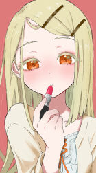 Rule 34 | 1girl, :o, blonde hair, blush, camisole, collarbone, colored eyelashes, commentary request, cosmetics, earrings, gakuen idolmaster, highres, holding, holding lipstick tube, idolmaster, jewelry, lipstick tube, looking at viewer, orange eyes, robe, shinosawa hiro, simple background, solo, stud earrings, teko (sizuma-k1119), upper body, white camisole, yellow robe