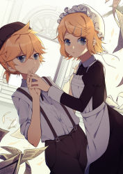 Rule 34 | 1boy, 1girl, :/, apron, arch, bird, black dress, blonde hair, blue eyes, brown pants, cabbie hat, dove, dress, dutch angle, flat chest, frills, hair ornament, hairclip, hat, interlocked fingers, juliet sleeves, kagamine len, kagamine rin, light frown, long sleeves, looking at viewer, maid, mob cap, newspaper, pants, papers, parted lips, pillar, puffy sleeves, serious, short hair, short ponytail, sleeves rolled up, suspenders, v-shaped eyebrows, vocaloid, zazuzu