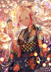 Rule 34 | 1girl, ahoge, black bow, bow, breasts, dark-skinned female, dark skin, fate/grand order, fate (series), festival, hair between eyes, hair bow, hair ornament, highres, holding, japanese clothes, kimono, large breasts, lights, long hair, looking at viewer, night, okita souji (fate), okita souji alter (fate), rioka (southern blue sky), solo, tassel, very long hair, white hair, yellow eyes