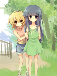 2girls absurdres arms_behind_back black_hairband blonde_hair blue_hair blue_shorts blunt_bangs closed_mouth collarbone collared_shirt day dress feet_out_of_frame furude_rika grass green_dress hairband hiding hiding_behind_another highres higurashi_no_naku_koro_ni houjou_satoko long_hair looking_at_viewer multiple_girls nyako_(x_nyako_x) outdoors pink_shirt purple_eyes red_eyes shirt shoes short_hair shorts sleeveless sleeveless_shirt smile standing tree