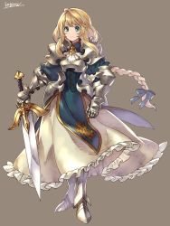Rule 34 | 1girl, armor, armored dress, artist name, blonde hair, bow, braid, breastplate, couter, dress, frilled dress, frills, full body, gauntlets, greaves, green eyes, hair bow, hair ribbon, knight, kotatsu (g-rough), long hair, long sleeves, pauldrons, ribbon, shoulder armor, signature, simple background, single braid, smile, solo, sword, weapon