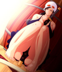 Rule 34 | 1girl, ass, bare shoulders, barefoot, black hair, blue dress, blue eyes, breasts, dress, feet, female focus, hat, highres, hip focus, holding, katana, large breasts, long hair, nico robin, one piece, sitting, solo, sunglasses, sunglasses on hat, sunglasses on head, sword, thick thighs, thighs, toes, weapon