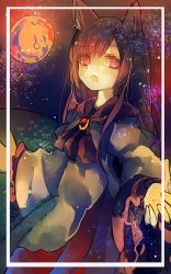 Rule 34 | 1girl, animal ears, brooch, brown hair, cha goma, full moon, highres, imaizumi kagerou, jewelry, long hair, moon, night, night sky, open mouth, red eyes, sky, solo, touhou, wolf ears
