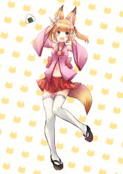 Rule 34 | 1girl, animal ear fluff, animal ears, armpits, arms up, blonde hair, blue eyes, detached sleeves, fangs, food, fox ears, fox shadow puppet, fox tail, hair ornament, hairclip, highres, japanese clothes, kemomimi oukoku kokuei housou, knees together feet apart, long hair, mikoko (kemomimi oukoku kokuei housou), miniskirt, navel, onigiri, open clothes, open mouth, open shirt, pink shirt, red skirt, sandals, shadow puppet, shirt, skirt, smile, solo, standing, standing on one leg, tabi, tail, thighhighs, twintails, virtual youtuber, white thighhighs