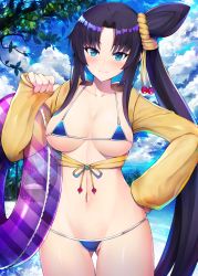 Rule 34 | 1girl, artist request, beach, bikini, black hair, blue bikini, blue eyes, blue sky, blush, breasts, cleavage, closed mouth, collarbone, fate/grand order, fate (series), gluteal fold, hair bun, hand on own hip, highres, innertube, jacket, jacket over swimsuit, long hair, long sleeves, looking at viewer, medium breasts, micro bikini, navel, parted bangs, side bun, side ponytail, single hair bun, single side bun, sky, smile, swim ring, swimsuit, thick eyebrows, thighs, tree, ushiwakamaru (fate), ushiwakamaru (fate/grand order), ushiwakamaru (swimsuit assassin) (fate), ushiwakamaru (swimsuit assassin) (first ascension) (fate), very long hair, yellow jacket