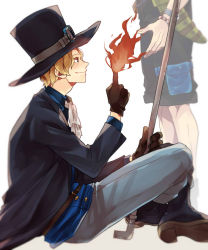 Rule 34 | 2boys, belt, black gloves, blonde hair, boots, brothers, ascot, death, fire, ghost, gloves, goggles, hat, indian style, jacket, magic, male focus, multiple boys, one piece, pole, portgas d. ace, sabo (one piece), sheath, shorts, siblings, simple background, sitting, staff, thigh strap, top hat