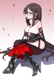 Rule 34 | 1girl, absurdres, akitokage, arm strap, bare shoulders, black dress, black footwear, black gloves, boots, breasts, brown eyes, brown hair, center opening, choker, cleavage, collarbone, dress, earrings, elbow gloves, fate/grand order, fate (series), gloves, high heel boots, high heels, highres, jewelry, knee boots, large breasts, long hair, multiple earrings, open mouth, ribbon-trimmed dress, sitting, very long hair, yu mei-ren (fate)