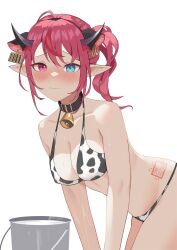 Rule 34 | 1girl, absurdres, ahoge, animal ears, animal print, bell, bikini, black collar, blue eyes, blush, breasts, cleavage, collar, cow ears, cow print, cow print bikini, cowbell, halterneck, heterochromia, highres, hololive, hololive english, horns, irys (hololive), looking at viewer, medium breasts, multicolored hair, neck bell, pink eyes, pointy ears, print bikini, purple eyes, red hair, shift (shiftillust), solo, string bikini, swimsuit, two-tone hair, virtual youtuber, white background