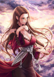 Rule 34 | 1girl, absurdres, breasts, brown hair, cleavage, closed mouth, cloud, cloudy sky, collarbone, cowboy shot, csc00014, day, dorothea arnault, dress, fire emblem, fire emblem: three houses, floating hair, green eyes, hair intakes, highres, huge filesize, large breasts, long hair, nintendo, off-shoulder dress, off shoulder, outdoors, sky, solo, standing, very long hair