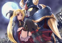 Rule 34 | 1girl, belt, black cape, black footwear, black leotard, black ribbon, black sky, black thighhighs, blonde hair, boots, cape, carrying, cityscape, commentary request, crossover, fate testarossa, fate testarossa (original form), full moon, gundam, hair ribbon, highres, kuroi mimei, leotard, light smile, long hair, looking at another, lyrical nanoha, magical girl, mahou shoujo lyrical nanoha, moon, night, night sky, parted lips, pink skirt, princess carry, red belt, red eyes, ribbon, satan gundam, sd gundam, skirt, sky, sweatdrop, thighhighs