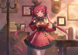 Rule 34 | 1girl, arm up, black gloves, black hat, black neckwear, black ribbon, book, book stack, breasts, brooch, chest of drawers, cleavage, clock, clothes hanger, commentary request, dress, gloves, hair ribbon, hand on own chin, hand up, hat, heterochromia, highres, hololive, houshou marine, houshou marine (gothic lolita), indoors, jewelry, large breasts, long hair, long sleeves, looking at viewer, mikami nacaba, open mouth, picture frame, pocket watch, red dress, red eyes, red hair, ribbon, see-through, see-through cleavage, smile, solo, standing, sunlight, tea set, teapot, twintails, very long hair, virtual youtuber, watch, yellow eyes