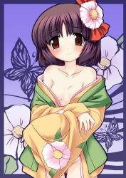 Rule 34 | 1girl, bare shoulders, blush, bug, butterfly, female focus, flat chest, flower, gonzaburo, hair flower, hair ornament, hieda no akyuu, bug, japanese clothes, kimono, no panties, off shoulder, purple hair, red eyes, short hair, smile, solo, touhou, undressing
