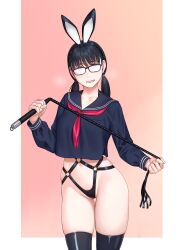 Rule 34 | 1girl, animal ears, black hair, black shirt, black thighhighs, border, commentary request, cowboy shot, fake animal ears, glasses, gradient background, grin, highres, long hair, long sleeves, looking at viewer, neckerchief, o-ring, o-ring bottom, original, red neckerchief, shirt, smile, solo, thigh gap, thighhighs, twintails, whip, white border, yuuji (and)