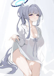 Rule 34 | 1girl, absurdres, blue archive, breasts, chinoryuu, cleavage, collarbone, grey hair, halo, highres, large breasts, long hair, mechanical halo, nightgown, noa (blue archive), ponytail, purple eyes, silhouette, simple background, sleepwear, solo, very long hair, white background, white halo