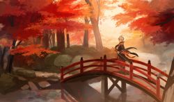 Rule 34 | 1boy, antenna hair, armor, autumn, autumn leaves, black gloves, bridge, c3t gg, commentary, fingerless gloves, genshin impact, gloves, grey hair, hair between eyes, highres, japanese armor, japanese clothes, kaedehara kazuha, leaf, leaf print, looking at viewer, male focus, multicolored hair, nature, outdoors, red eyes, red hair, river, rock, scenery, sheath, sheathed, solo, standing, streaked hair, sword, symbol-only commentary, tree, walking, water, weapon, wide sleeves