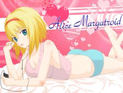 Rule 34 | 1girl, alice margatroid, bare shoulders, barefoot, blonde hair, blue eyes, breasts, character name, cleavage, digital media player, female focus, fujino (yoshi9798174), hairband, headphones, heart, lying, on bed, on stomach, solo, touhou, underwear