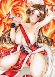 Rule 34 | 1girl, breasts, covering privates, covering breasts, fatal fury, fire, large breasts, ponytail, shiranui mai, snk, the king of fighters, yoshidapeso