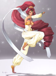 Rule 34 | 1girl, angelic layer, breasts, dancer, detached sleeves, drill hair, drill ponytail, earrings, from side, full body, green eyes, hoop earrings, jewelry, large breasts, long hair, pants, pointy footwear, puffy pants, ranga (angelic layer), red hair, shirt, shoes, signature, smile, solo, tan, very long hair, wachita (8t8t), white pants, white shirt, yellow footwear