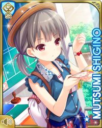 Rule 34 | 1girl, blue vest, brown hair, brown hat, card (medium), closed mouth, day, girlfriend (kari), hat, indoors, looking at object, official art, pamphlet, plaid, plaid skirt, pleated skirt, qp:flapper, red eyes, red skirt, shigino mutsumi, shirt, short twintails, silver hair, skirt, socks, solo, standing, thighhighs, twintails, vest, watch, white shirt, white socks, wristwatch