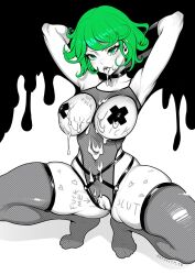 Rule 34 | 1girl, alternate breast size, armpits, arms behind head, arrow (symbol), artist name, ass, body writing, brassica, breasts, choker, collarbone, cross pasties, cum, cum in mouth, cum on body, cum on breasts, cum on clothes, cum on tongue, cum on upper body, curly hair, curvy, english text, female focus, fishnet leotard, fishnet thighhighs, fishnets, green eyes, green hair, greyscale, heart, highleg, highleg leotard, large breasts, leotard, lips, monochrome, navel, one-punch man, partially colored, pasties, photo-referenced, pussy, shadow, short hair, smile, solo, spread legs, squatting, tatsumaki, thighhighs, tongue, tongue out, wide hips