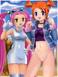 Rule 34 | 00s, 2girls, black choker, blue eyes, border, bottomless, breasts, choker, cleft of venus, clenched hand, cloud, cowboy shot, creatures (company), desert, dress, game freak, gloves, goggles, goggles on head, green eyes, hand on own hip, happy, hip focus, jacket, legs together, long hair, looking at viewer, lovrina (pokemon), medium breasts, midriff, multiple girls, nintendo, open mouth, orange hair, outdoors, outside border, panties, panty peek, pantyshot, pink hair, pointing, pokemoa, pokemon, pokemon colosseum, pokemon xd, pussy, rui (pokemon), shirt, short dress, short hair, short twintails, sidelocks, sky, sleeveless, sleeveless dress, smile, standing, thighhighs, third-party edit, twintails, uncensored, underwear, very long hair, white border, white gloves, white panties, zenra, zettai ryouiki