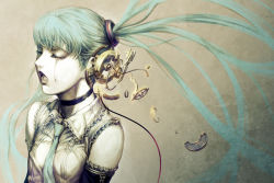 Rule 34 | 1girl, adapted costume, aqua hair, blouse, brown background, cable, closed eyes, collared shirt, detached sleeves, eyelashes, hatsune miku, headphones, highres, long hair, music, nagimiso, necktie, open mouth, shirt, singing, solo, tears, twintails, very long hair, vocaloid, white shirt