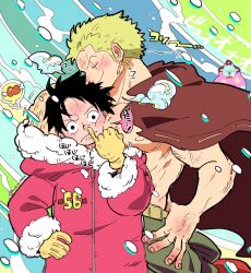 Rule 34 | 3boys, bare pectorals, black eyes, black hair, blush, earrings, facial scar, green hair, hand on own hip, haramaki, hat, highres, jewelry, jinbe (one piece), looking at viewer, male focus, monkey d. luffy, multiple boys, nose picking, one eye closed, one piece, pectorals, roronoa zoro, scar, scar across eye, scar on cheek, scar on chest, scar on face, short hair, sideburns, single earring, smile, snowing, straw hat, uirou9666, winter clothes
