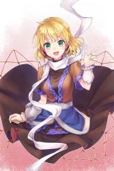 Rule 34 | 1girl, :d, akizuki haruhi, arm warmers, black skirt, blonde hair, breasts, green eyes, green nails, looking at viewer, medium breasts, mizuhashi parsee, nail polish, open mouth, pointy ears, scarf, short sleeves, skirt, smile, solo, touhou, turtleneck, upper body, waving, white scarf