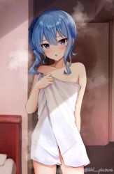 Rule 34 | 1girl, blue eyes, blue hair, blue ribbon, blush, collarbone, commentary request, cowboy shot, ex idol, hair between eyes, hair ribbon, hand up, highres, hololive, hoshimachi suisei, indoors, long hair, looking at viewer, naked towel, parted lips, resolution mismatch, ribbon, side ponytail, solo, source larger, standing, star (symbol), star in eye, steam, steaming body, sweat, symbol in eye, towel, twitter username, virtual youtuber