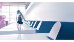 Rule 34 | 1girl, absurdres, aqua eyes, aqua hair, backlighting, blue dress, cherry blossoms, commentary, dress, hatsune miku, highres, indoors, instrument, long hair, looking down, mini person, minigirl, piano, piano keys, reflection, see-through, see-through shirt, solo, standing, thighhighs, twintails, very long hair, vocaloid, white thighhighs, wide shot, window, x x fry, zettai ryouiki