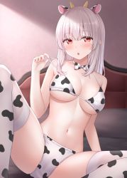 Rule 34 | 1girl, :o, absurdres, animal ears, animal print, bare arms, bare shoulders, bed, bikini, blush, bow, bowtie, breasts, cleavage, cow ears, cow horns, cow print, halterneck, halterneck, highres, horns, karutamo, large breasts, long hair, looking at viewer, navel, on bed, original, parted lips, red eyes, revision, sitting, solo, spread legs, stomach, strap pull, string bikini, swimsuit, thighhighs, thighs, tisshu (karutamo), white bikini, white hair, white thighhighs