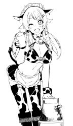 Rule 34 | 1girl, animal ears, animal print, apron, bell, bracelet, byougaku, cow ears, cow print, cowbell, cup, greyscale, hachimiya meguru, holding, holding cup, idolmaster, idolmaster shiny colors, jewelry, looking at viewer, monochrome, one eye closed, open mouth, skirt