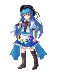 Rule 34 | 1girl, ahoge, black hat, blue hair, boots, brown footwear, closed mouth, commentary request, cross-laced footwear, frilled skirt, frills, fruit hat ornament, hat, highres, hinanawi tenshi, knee boots, leaf, long hair, peach hat ornament, plus2sf, puffy short sleeves, puffy sleeves, rainbow gradient, rainbow order, red eyes, short sleeves, simple background, skirt, smile, solo, sword of hisou, touhou, very long hair, white background