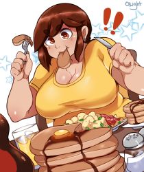 Rule 34 | 1girl, breasts, brown eyes, brown hair, butter, cleavage, drink, earrings, eating, food, food in mouth, fork, glass, highres, huge breasts, jewelry, knife, lightsource, pancake, plate, plump, purin (lightsource), salt shaker, solo, syrup, thick eyebrows