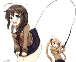 Rule 34 | 10s, 2girls, ahoge, assisted exposure, black skirt, blue eyes, blue skirt, blush, braid, breasts, brown eyes, brown hair, clothes lift, don (29219), fishing line, fishing rod, flail, flying sweatdrops, hair flaps, hair ornament, hair ribbon, kantai collection, leaning, leaning forward, light brown hair, long hair, looking at viewer, multiple girls, murasame (kancolle), open mouth, pleated skirt, remodel (kantai collection), ribbon, school uniform, serafuku, shigure (kancolle), simple background, single braid, skirt, skirt grab, skirt lift, sweater, twintails, twitter username, weapon, white background